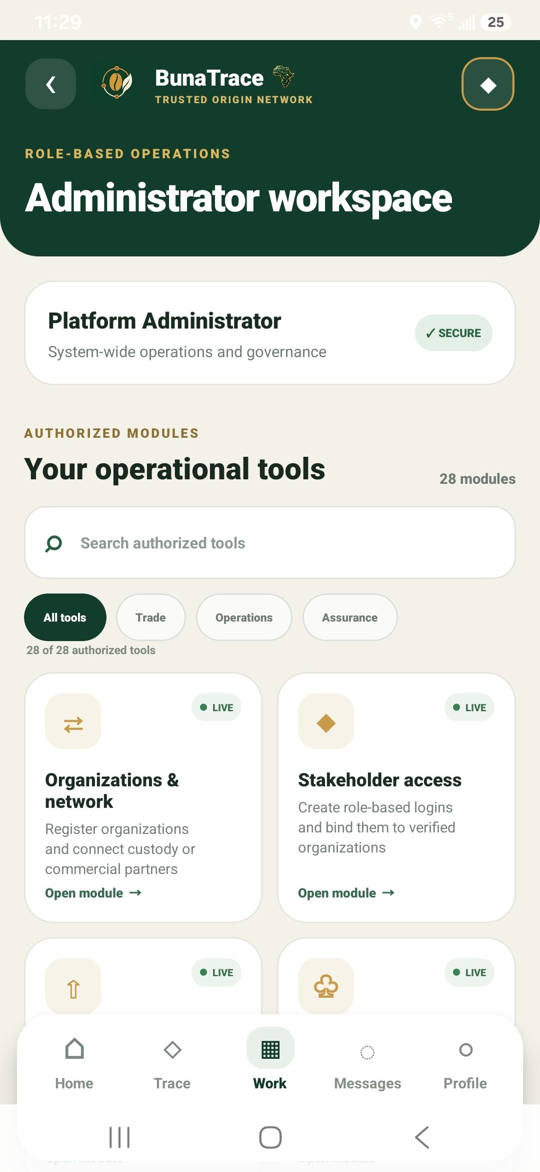 BunaTrace Android administrator workspace showing authorized operational modules